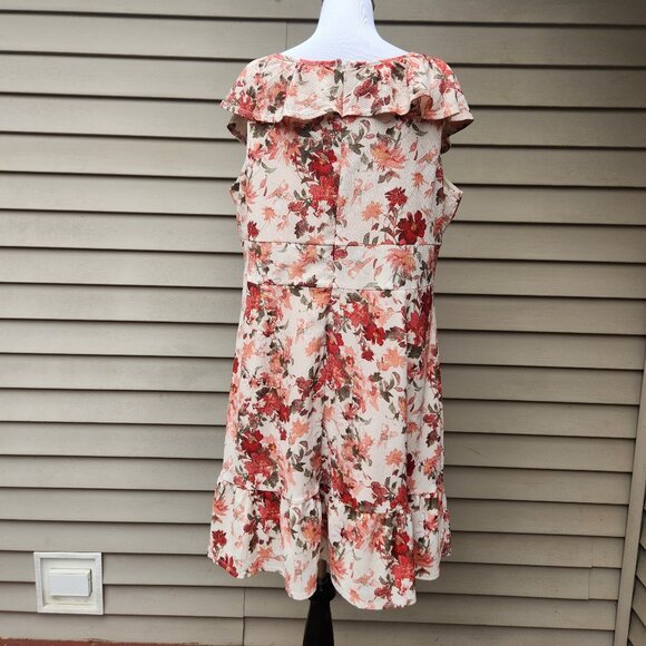 Cato Plus Multicolor Floral Print Dress Cream Red Flounce Hem Crepe Ruffle - Picture 10 of 16